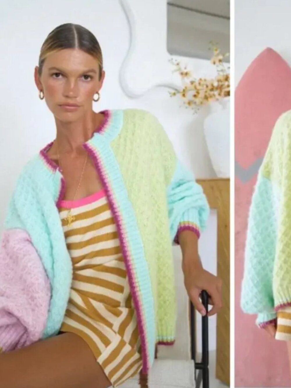 VRG GRL City of Money Pastel Chunky Knit Cardigan Wool Blend XS Oversized